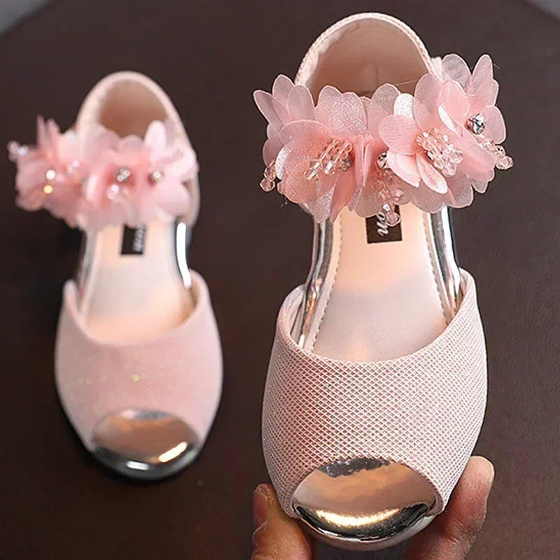 Girls Rhinestone Flower Sandals - Soft Sole Princess Dance Shoes for Kids