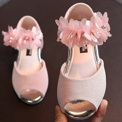Girls Rhinestone Flower Sandals - Soft Sole Princess Dance Shoes for Kids