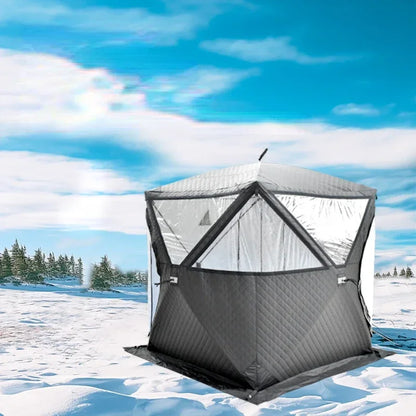 Outdoor 3-4 Person 4-Season Sauna House – Thickened Winter Ice Fishing Tent with Large Window & Chimney Mouth, Quick Open & Portable