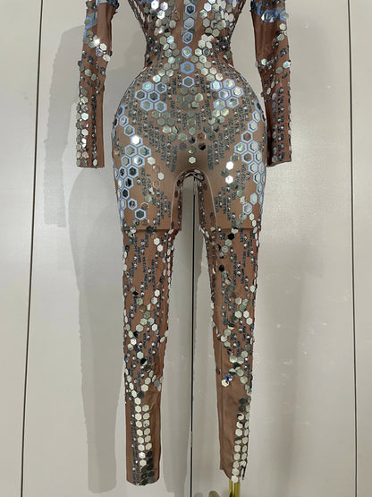 Sexy Shiny Silver Sequin & Black Spandex Jumpsuit — 2025 Women’s Prom, Dancer & Stage Performance Costume