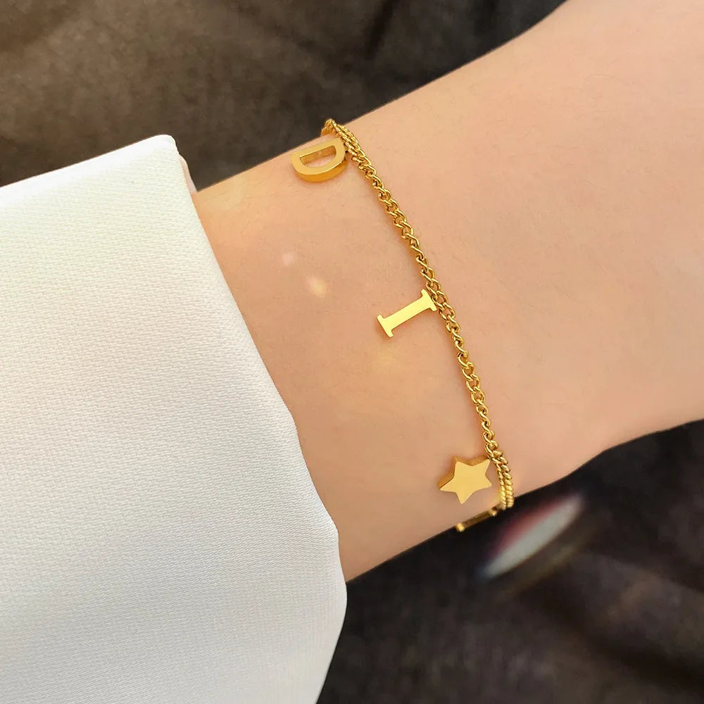 New Fashion Letter Star Pendant Bracelet – Simple Vintage Stainless Steel Luxury Jewelry for Women, Perfect Gift Accessories