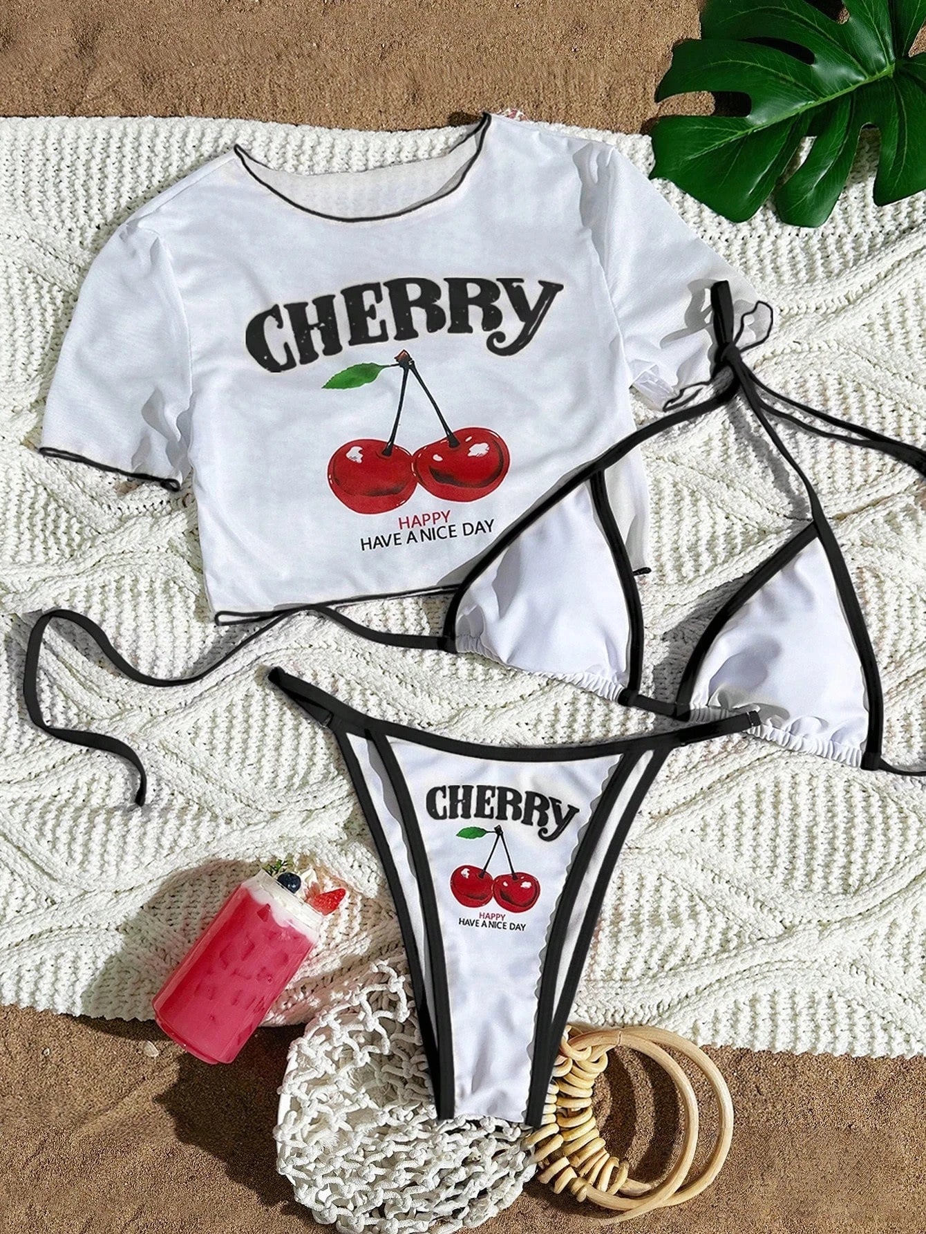 2026 Women’s Printed Mesh Bikini Set – Sexy 3-Piece Split Swimsuit Top Beachwear Swimwear