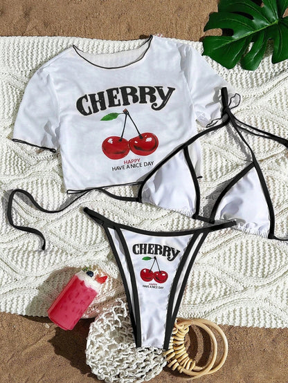 2026 Women’s Printed Mesh Bikini Set – Sexy 3-Piece Split Swimsuit Top Beachwear Swimwear
