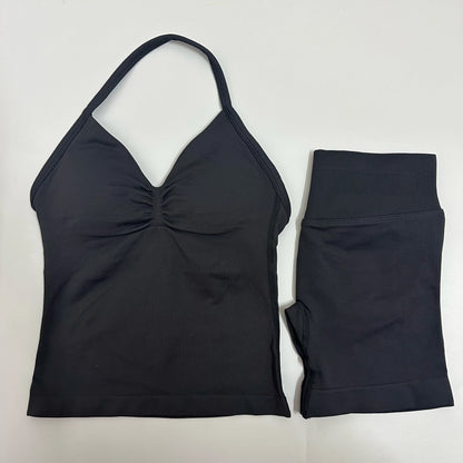 2-Piece Women’s Yoga Set – Seamless Longline Strappy Tank Top & Scrunch Sports Shorts, Summer Workout Gym Outfit
