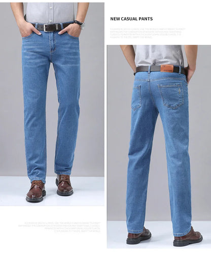 Men’s Casual Comfortable Jeans – Straight Loose Fit High Waist Elastic Trousers for All Seasons & Office Wear