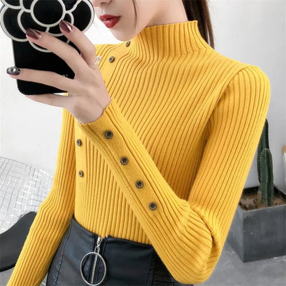 2023 Women's Autumn Knitted Slim Sweater - Solid Cotton Turtleneck with Full Sleeves and Button Detail - Soft Elastic Pullover