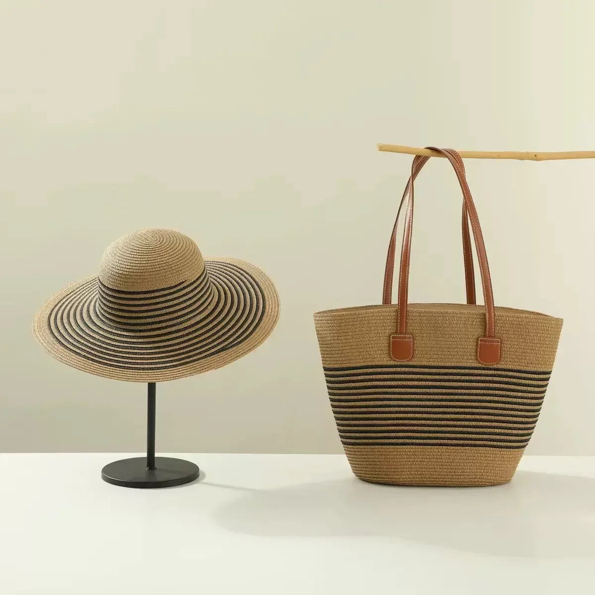 French Style Straw Handbag & Summer Beach Hat Set – Woven Bucket Bag with Fine Stripes