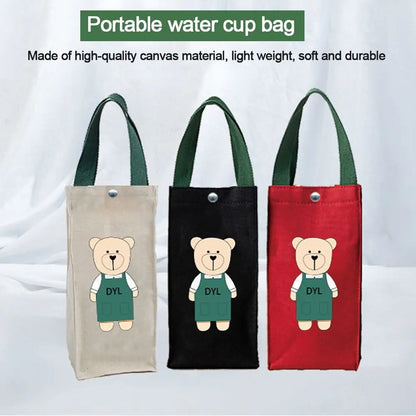 Cute Bear Portable Water Bottle Bag – Insulated Cup Cover Holder, Canvas Hand Carry Storage Bag for Camping & Travel Bottles