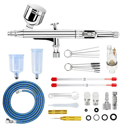 Dual-Action Gravity Airbrush Kit with 0.2/0.3/0.5mm Needles, 7/20/40cc Cups & Cleaning Tools for Makeup, Nail Art, Painting & Car Detailing