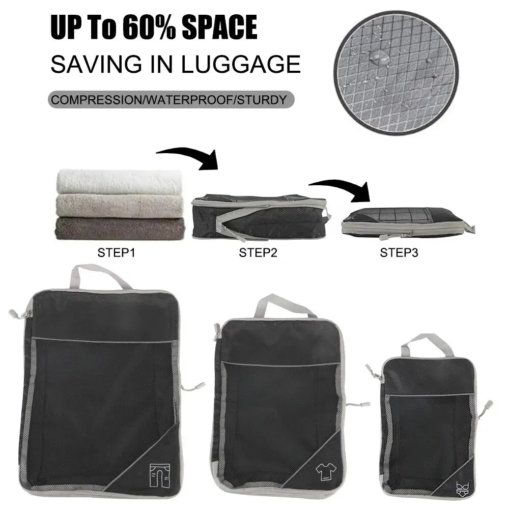 3/6-Piece Travel Storage Organizer Set - Portable Lightweight Suitcase Bags with Compressed Packing Cubes, Shoe Bag, and Mesh Luggage