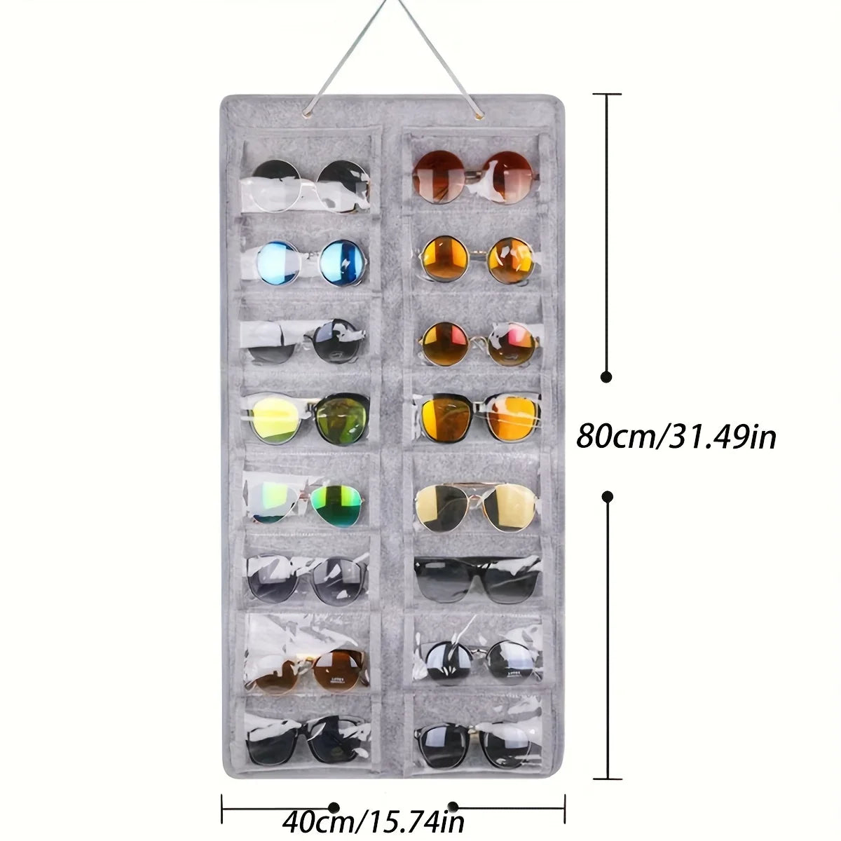 16 Slot Eyeglass Organizer - Felt Wall Mounted Sunglasses Holder with Dustproof Pocket Storage Display Bag