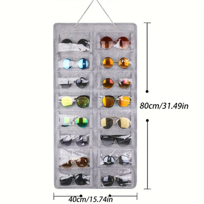 16 Slot Eyeglass Organizer - Felt Wall Mounted Sunglasses Holder with Dustproof Pocket Storage Display Bag