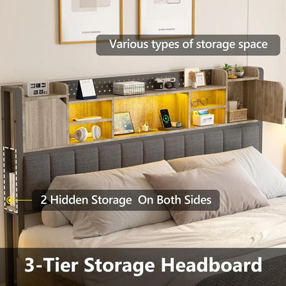 Full Size Upholstered Bed Frame with Storage Drawers, Bookcase Headboard, LED Lights & USB Charging Station