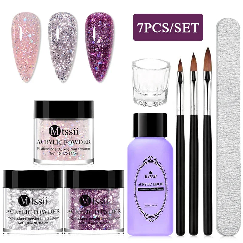 Nail Crystal Powder Kit – Acrylic Liquid Set with Pink & White Powder, Nail Brush for Extension & Carving, Beginner Set
