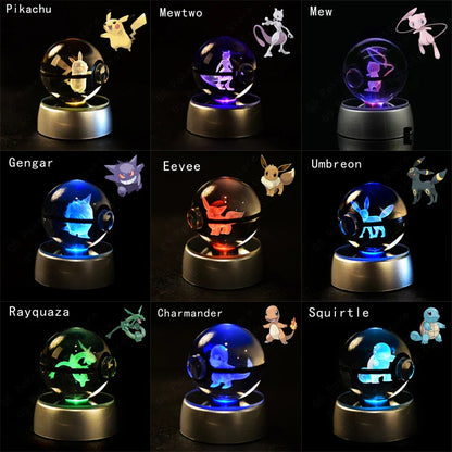 Pokemon 3D Crystal Ball Figurine — Pikachu, Gengar, Mew, Mewtwo Glass Statue with Lamp Base, Kids Birthday Gift