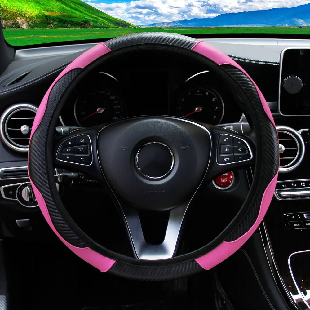 PU Carbon Fiber Leather Steering Wheel Cover — No Inner Ring, Fits 14.5-15 Inch Cars