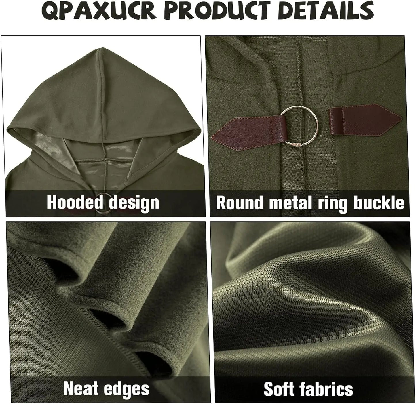 Men’s Medieval Hooded Cloak – Round Metal Buckle with Green Leaf Brooch Necklace for Halloween Costume