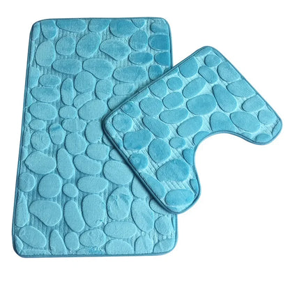 2PC Set Funnel Cobblestone Anti-Slip Bathroom Mat - Toilet Rug, New Bath Mat Set