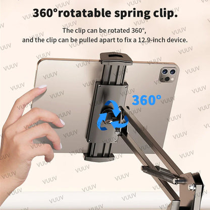Adjustable Bed Tablet Stand: Aluminum Arm Mount for 4-12.9 inch Tablets & Phones | Support for iPad Mini, Bed or Desk Use