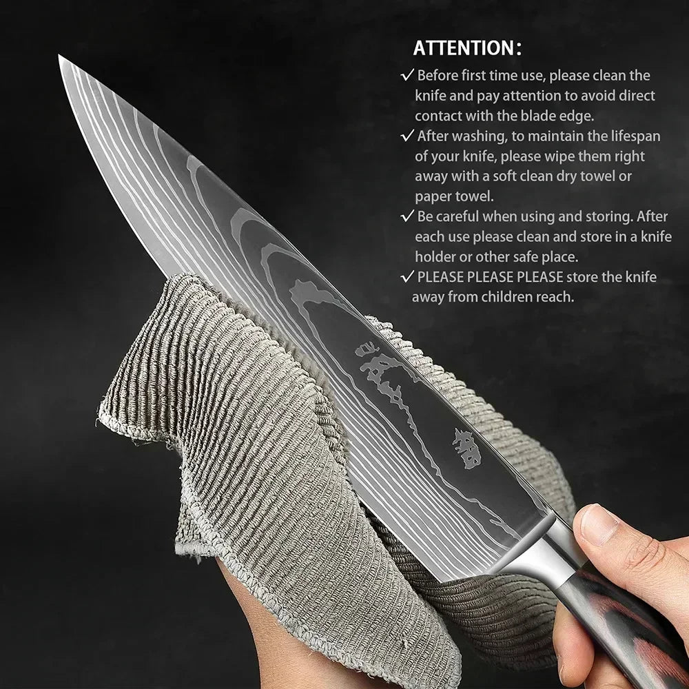 Laser Damascus Kitchen Knife Set – Cleaver, Meat, Fruit, Bread, Boning Knife and Chicken Scissors for Barbecue and Home Cooking