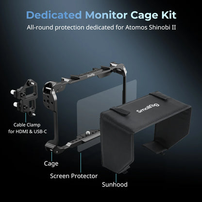 SmallRig Monitor Cage Kit for Atomos Shinobi II – Protective Cage with Sunhood, USB-C Cable Clamp & Screen Protector for Professional Camera Monitor Rig (Model 5030)