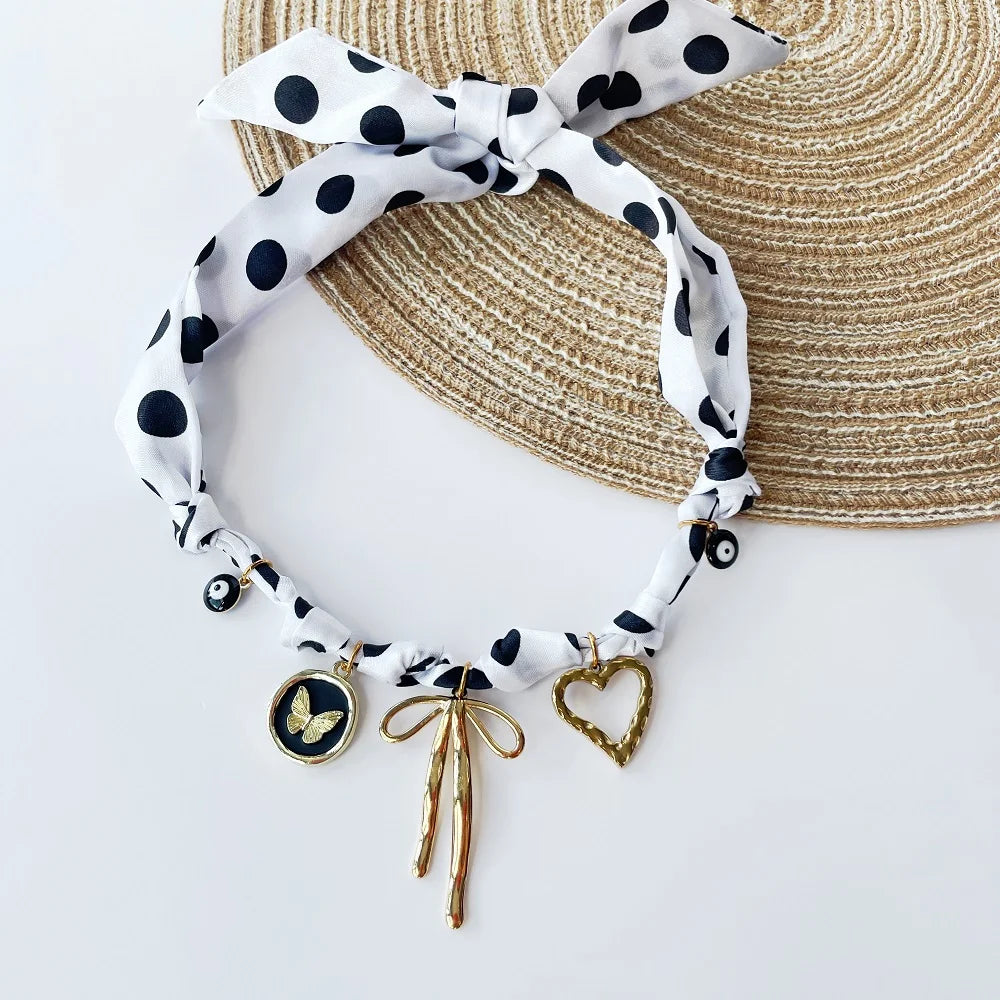 Bohemian Fabric Scarf Necklace - Sea Life, Heart & Floral Charm Pendant Vacation Jewelry Gift for Women
