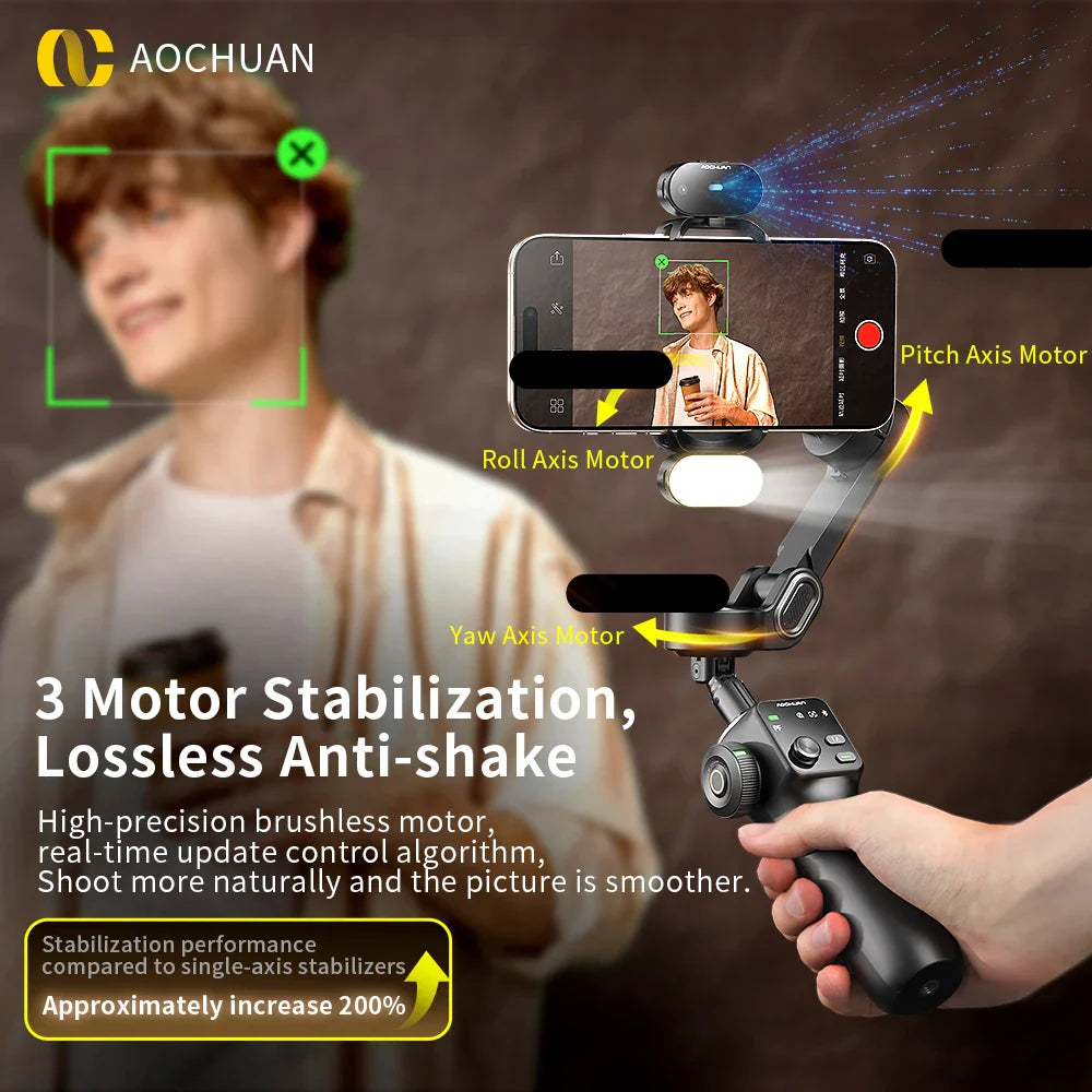 AOCHUAN Smart V8 3-Axis Handheld Gimbal – Phone Stabilizer with Extension Rod, Tripod & Face Tracking for iPhone, Android, TikTok & Vlog