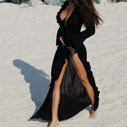 Women’s V-Neck Ruffled Beach Cover Up Dress – Long Sleeve Bikini Sunscreen Smock Vacation Swimsuit Casual Summer Outfit