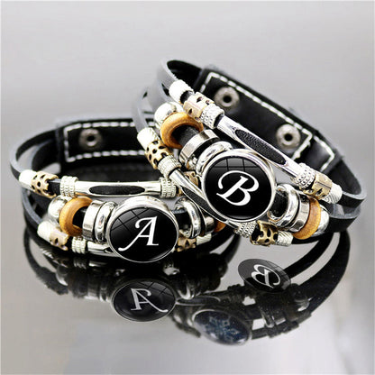 A-Z English Letters Leather Bracelet - 26 Initial Cabochon Glass Snap Wristband for Men & Women, Couple Gift