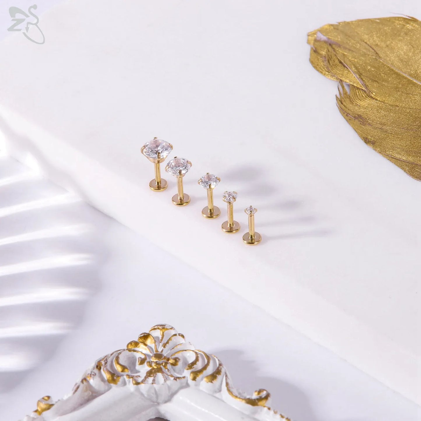 AOEDEJ 10PCS Gold Stainless Steel Labret Lip Studs – 16/18G CZ Crystal Helix, Cartilage & Tragus Piercings (2–6mm)