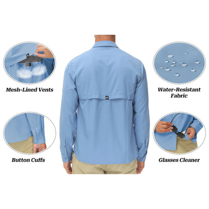Men's UPF 50+ Long Sleeve Fishing Shirt – Sun Protection Breathable Hiking & Work Shirt with Zipper Pocket
