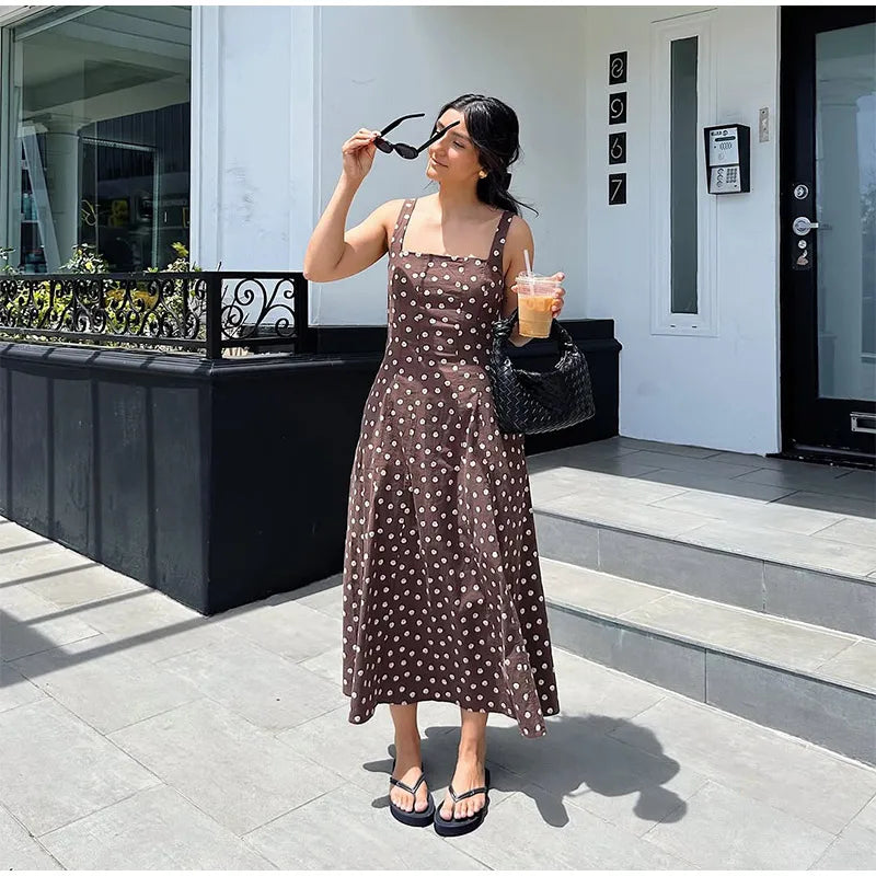 Elegant Women’s Polka Dot Maxi Dress – Chic Sleeveless Round Neck High Waist Slim Fit Vestido for Party & Street, 2025 New