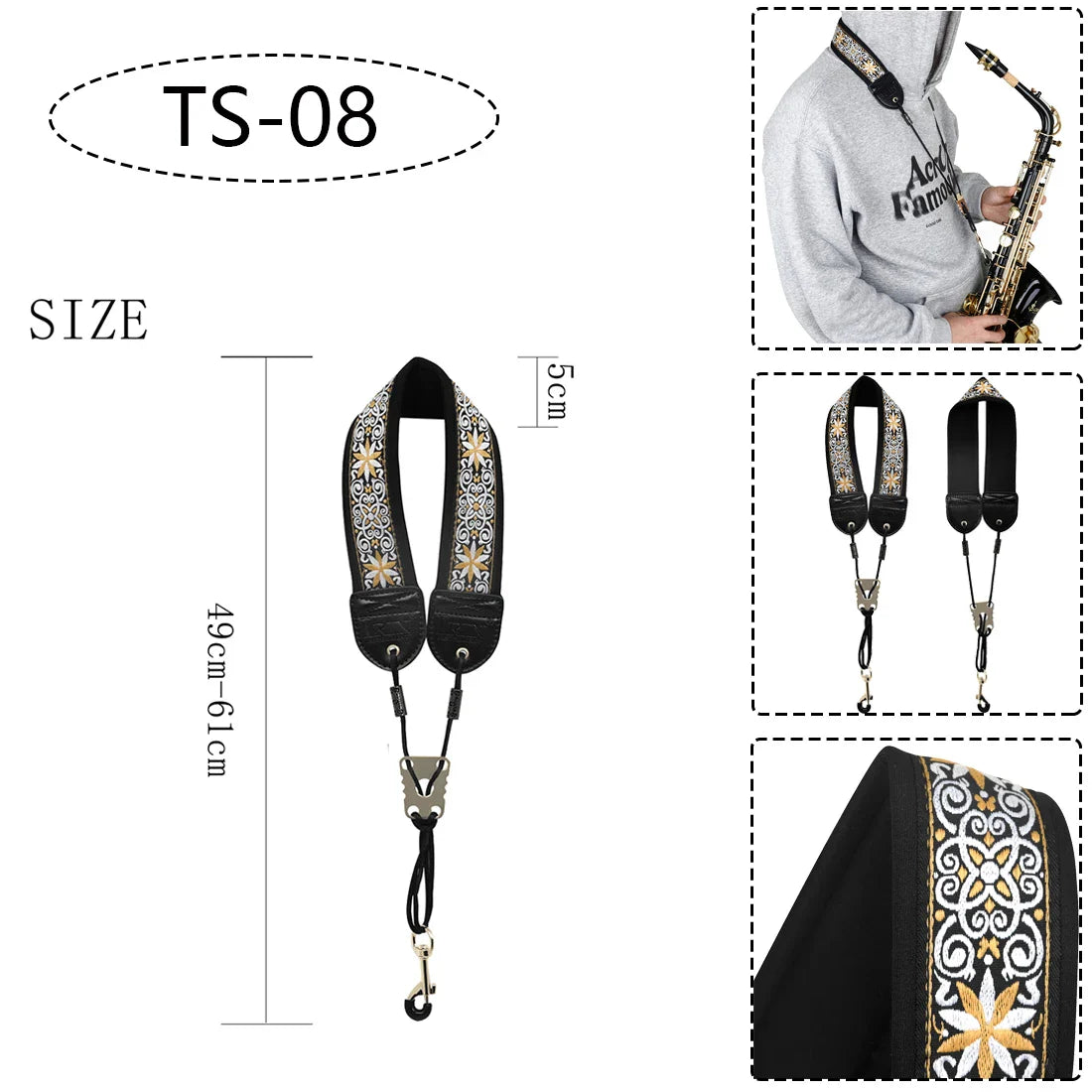Saxophone Neck Strap - Adjustable Leather Universal Fit for Soprano, Alto, Tenor Sax with Secure Closed Hooks