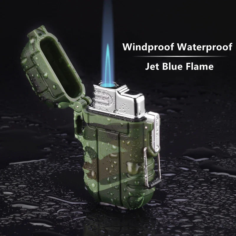 Outdoor Waterproof Blue Flame Lighter with Lanyard – Portable Butane Jet Cigar Lighter for Camping and Wading