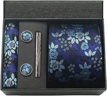 100% Silk Paisley Floral Necktie Set for Men - Premium Business Tie with Pocket Square Tie Clip Cufflinks Gift Box