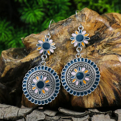 Blue Alloy Turquoise Bohemian Earrings - Retro Geometric Multi-Layer Statement Jewelry