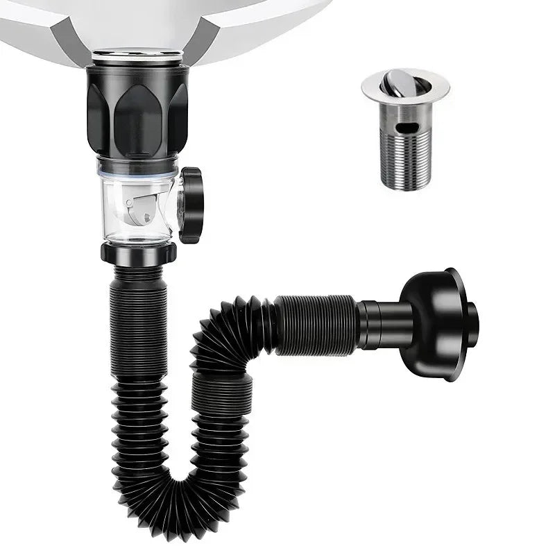 Flip-Top Kitchen Sink Drain with Retractable Deodorizing Filter - Anti-Clogging Flexible Downspout Bathroom Sink Accessory