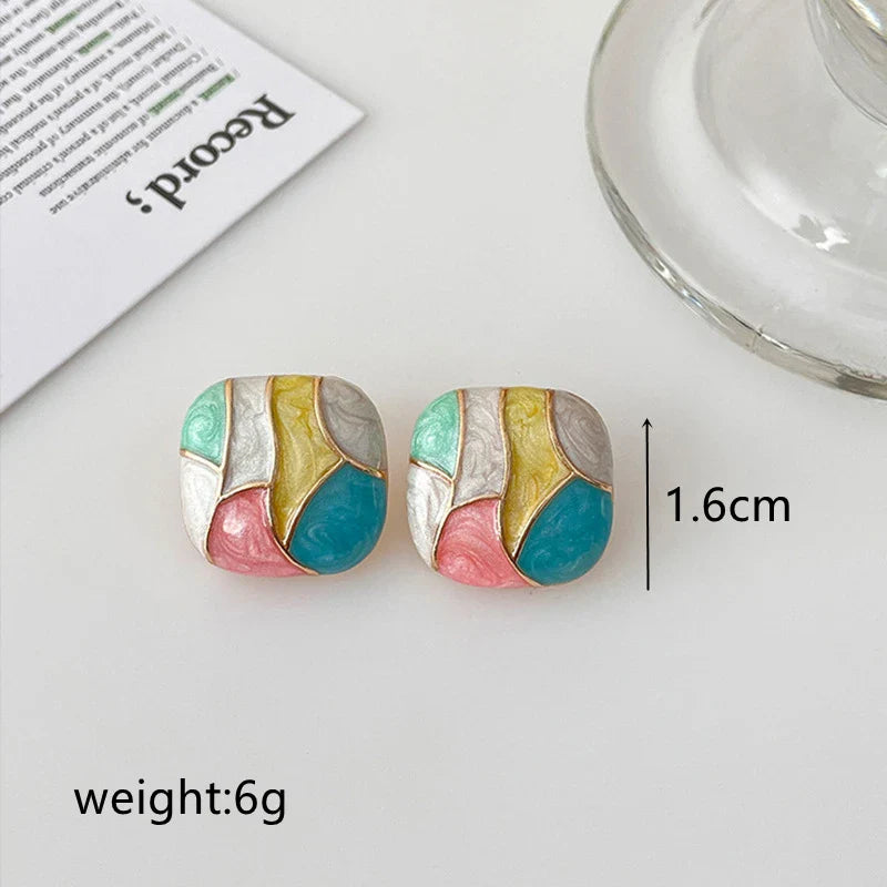 Colorful Square Patchwork Stud Earrings – Romantic Ear Jewelry for Women Christmas Gift