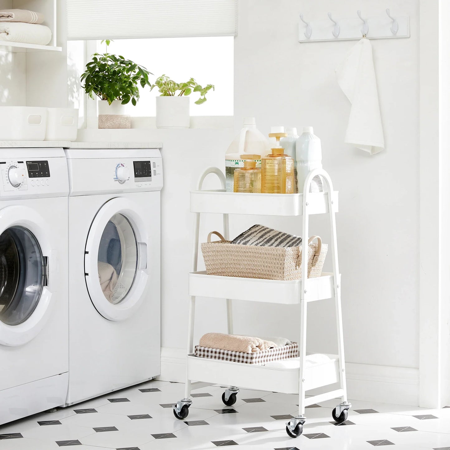 SONGMICS 3-Tier Rolling Utility Cart — Metal Storage Trolley with Wheels, Brakes & Handles for Kitchen or Home Organization