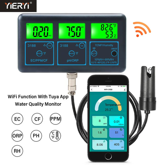 WiFi PH Meter & Water Tester – Temp, TDS, EC, ORP Smart Monitor for Aquariums, Hydroponics, Swimming Pools, Tuya APP Control