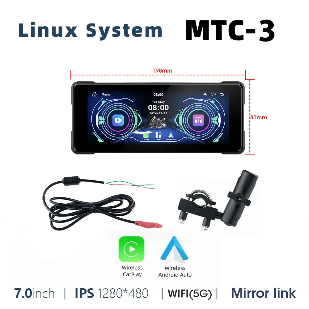 7-Inch Motorcycle GPS Navigation with Wireless Apple CarPlay & Android Auto – Waterproof Touchscreen Display, BT Connectivity, IPX7