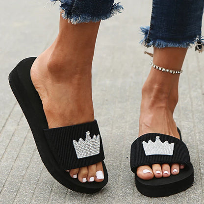 Women’s Pearl Butterfly Wedge Slippers – Black Elastic Platform Sandals, Summer Comfort Non-Slip Beach Slides