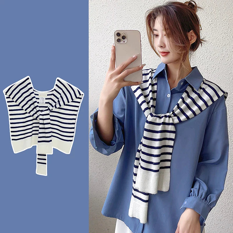 Striped Knitted Shawl Scarf – Warm Winter Cape with Fake Collar for Women