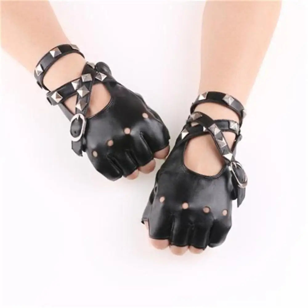 Unisex Fingerless PU Leather Driving Gloves, Rivet Punk Style Disco Rock & Roll Gloves for Dance, Motorcycle & Party Wear (Black/Red/White)