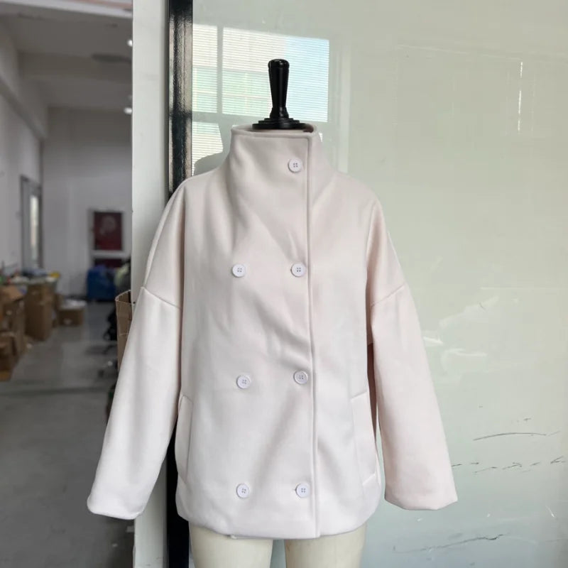 Women’s Short Woolen Coat - Stand Collar Loose Zipper Jacket for Spring Autumn Fashion Outerwear