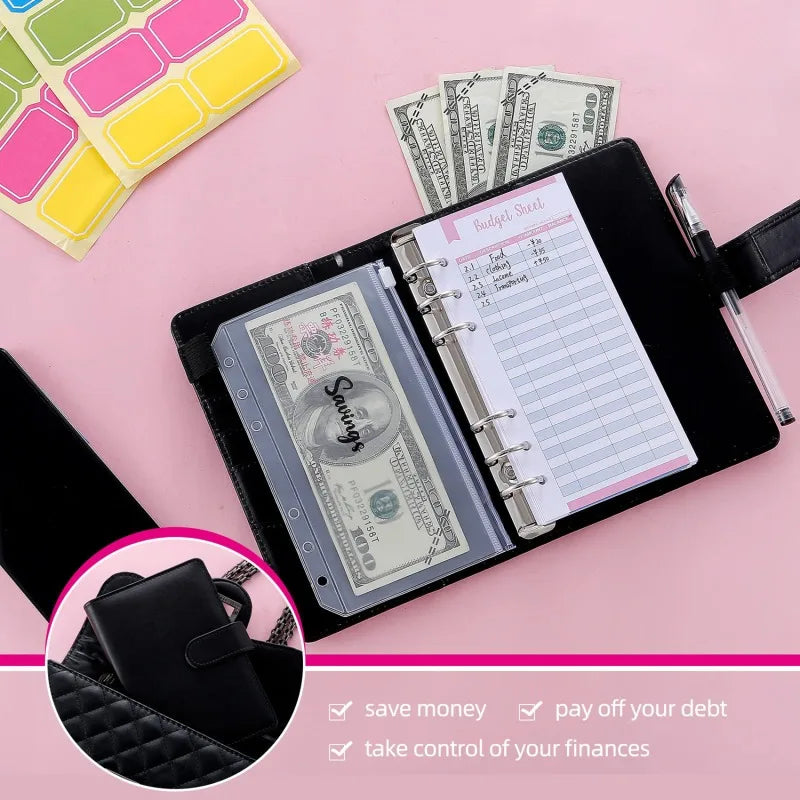 PU Leather Budget Binder with Cash Envelopes – A6 Planner Organizer, Zip Pockets for Saving Money, Small French Budget Pouch