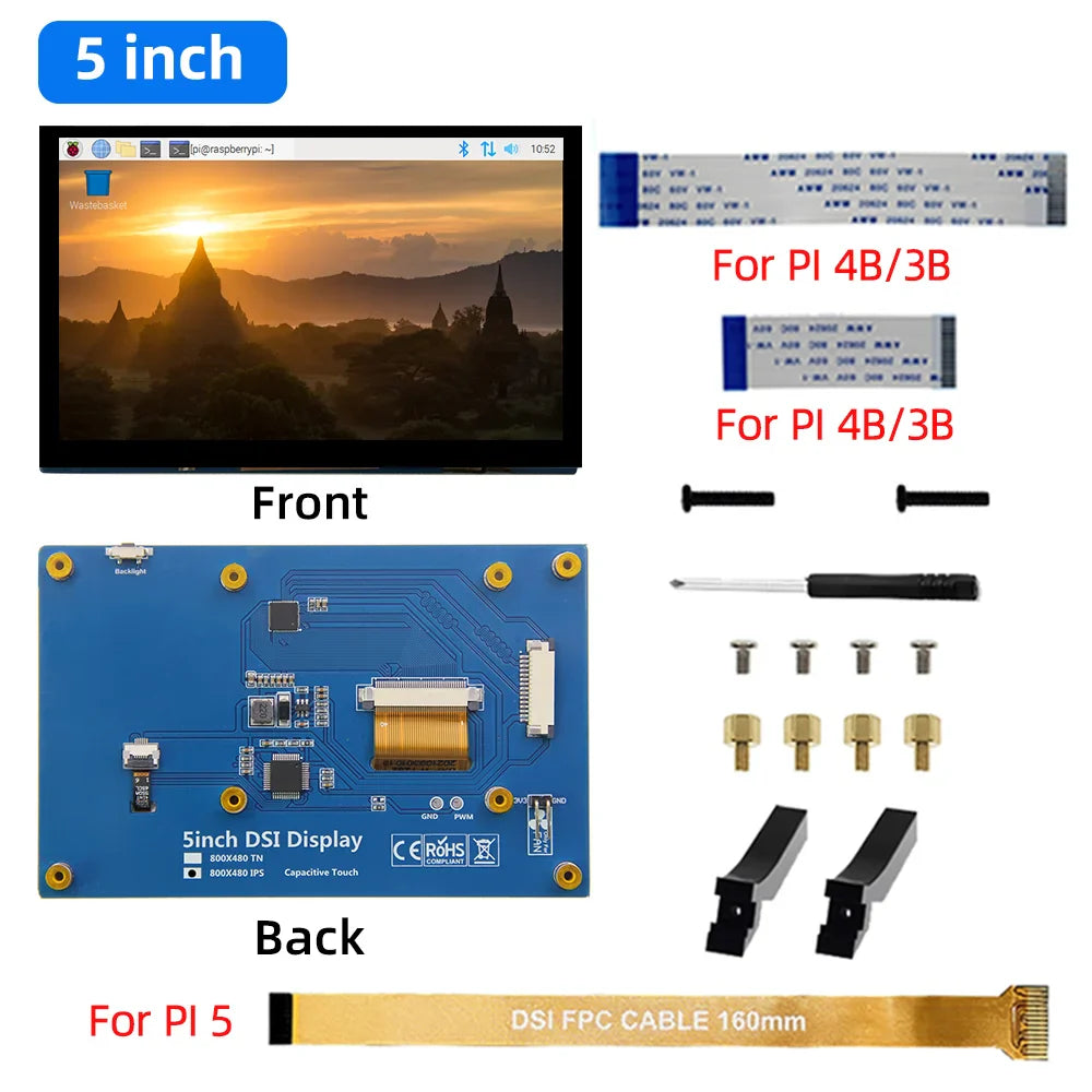 PistBit 4.3/5/7 Inch DSI Touch Screen LCD Monitor – Portable Capacitive Display 800x480 for Raspberry Pi 5/4/3/3B+