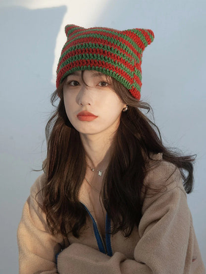 Stay Trendy and Warm: Cute Cat Ears Beanie Hats for Women - Winter Striped Korean Punk Gothic Y2K Wool Knitted Streetwear Bucket Cap, Handmade Crochet Design