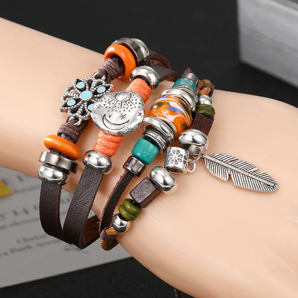 Vintage Gothic Punk Moon & Star Metal Bracelet - Multilayer Leather Bangle for Men, Leaf & Sun Arm Jewelry