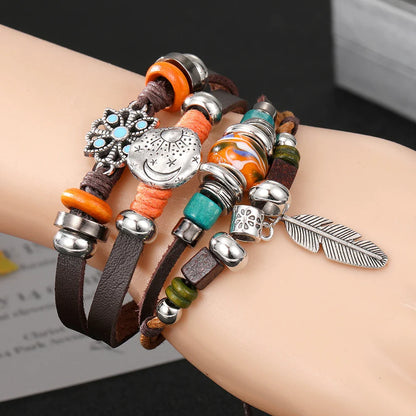 Vintage Gothic Punk Moon & Star Metal Bracelet - Multilayer Leather Bangle for Men, Leaf & Sun Arm Jewelry
